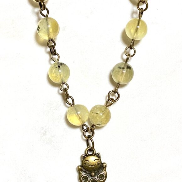 Natural Yellow Green Prehnite Necklace, Bronze Fortune Cat + Genuine Gemstone - Picture 4 of 16